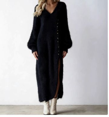 Soft Knit Maxi Dress with V-Neck, Buttons and Side Split