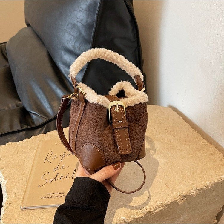 Small plush-trim crossbody bucket bag