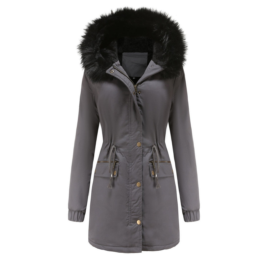 Plush-lined hooded parka with zip and pockets, mid-length