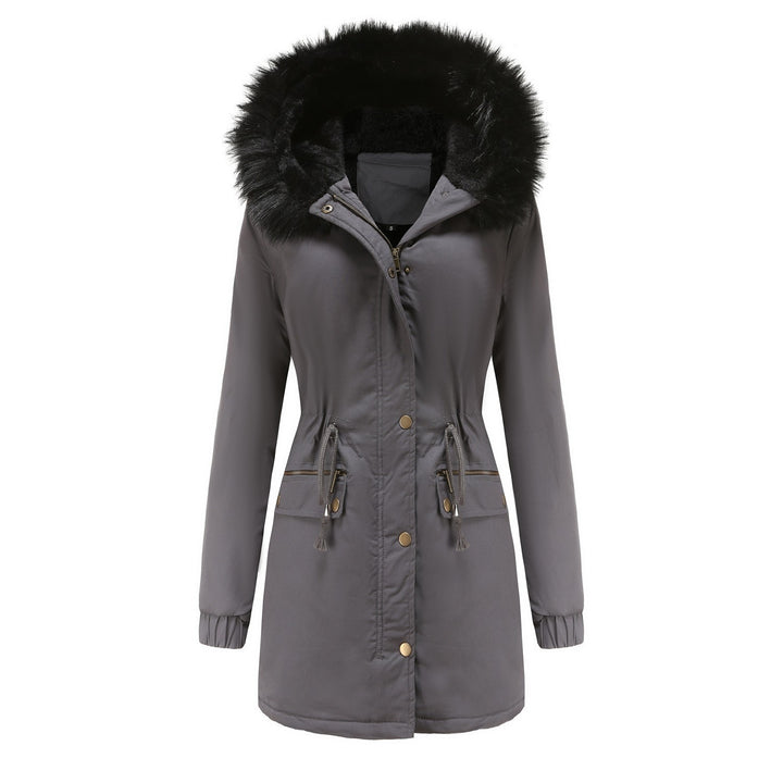 Plush-lined hooded parka with zip and pockets, mid-length