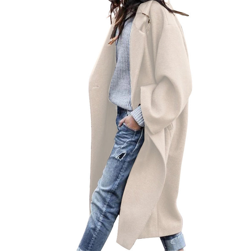 Long single-breasted wool-look coat with lapels and pockets