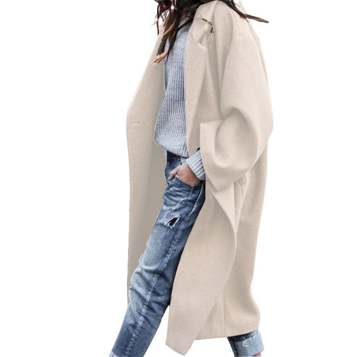 Long single-breasted wool-look coat with lapels and pockets
