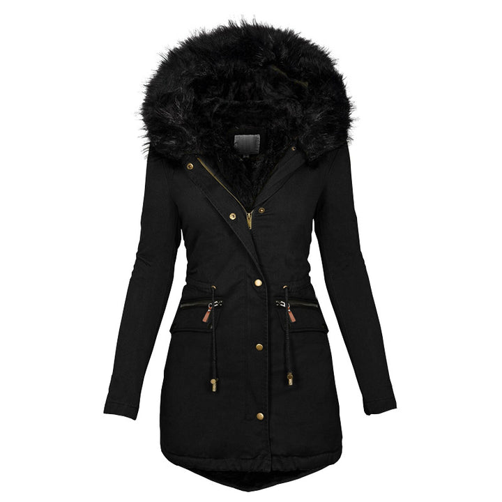 Plush-lined hooded parka with zip and pockets, mid-length