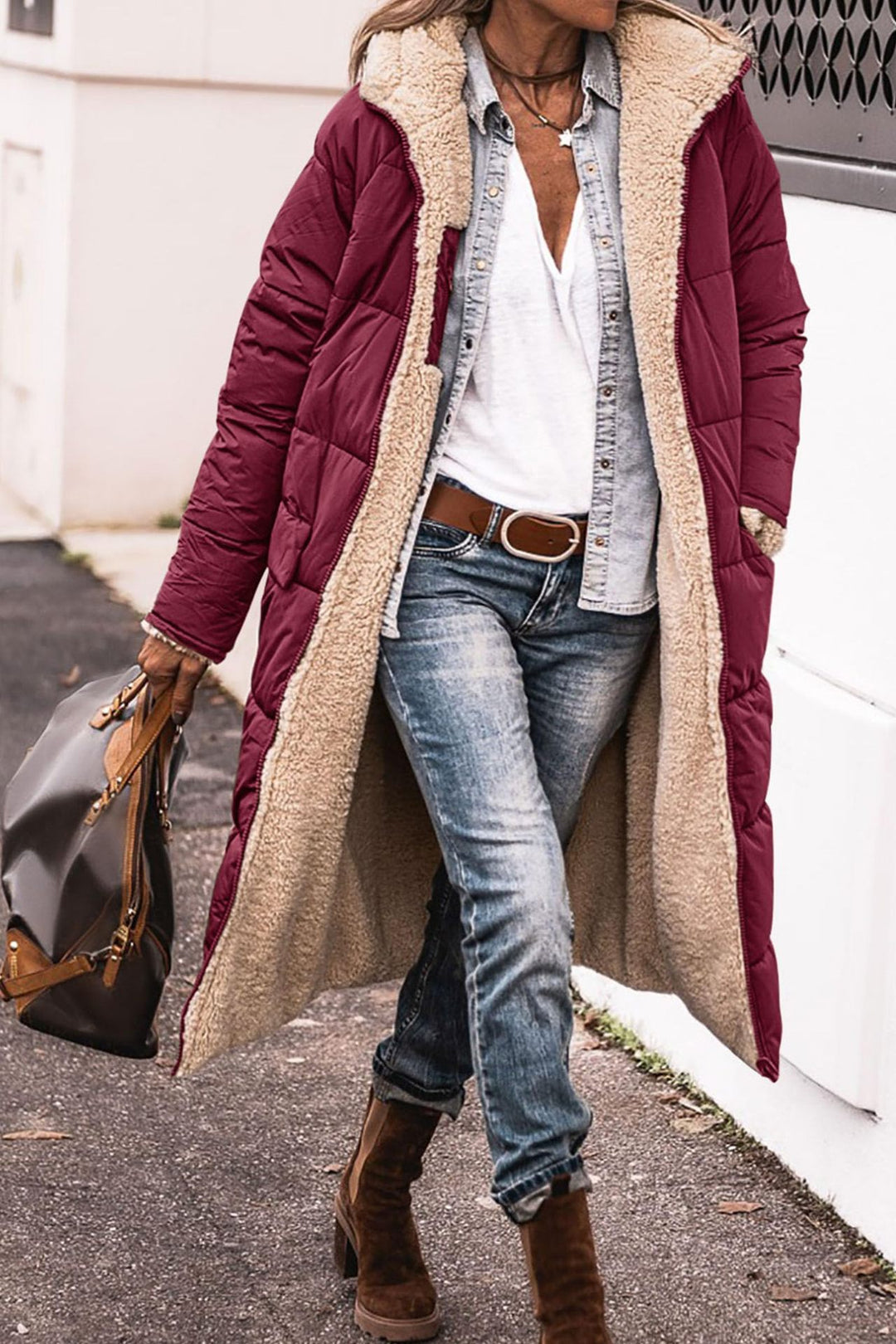 Long hooded coat with raglan sleeves and pockets, reversible