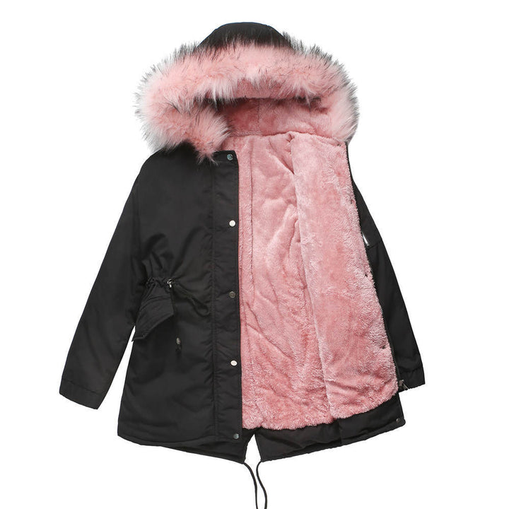 Mid-length padded hooded parka with soft velvet lining