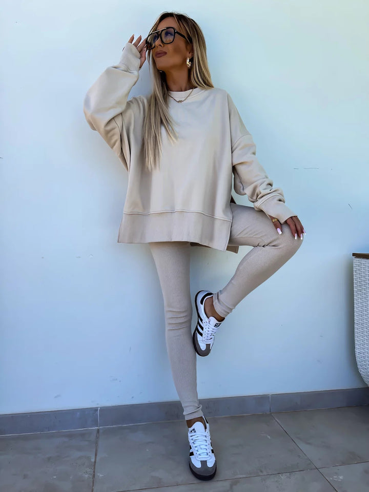 Loose split-hem jumper and fitted trousers knit co-ord