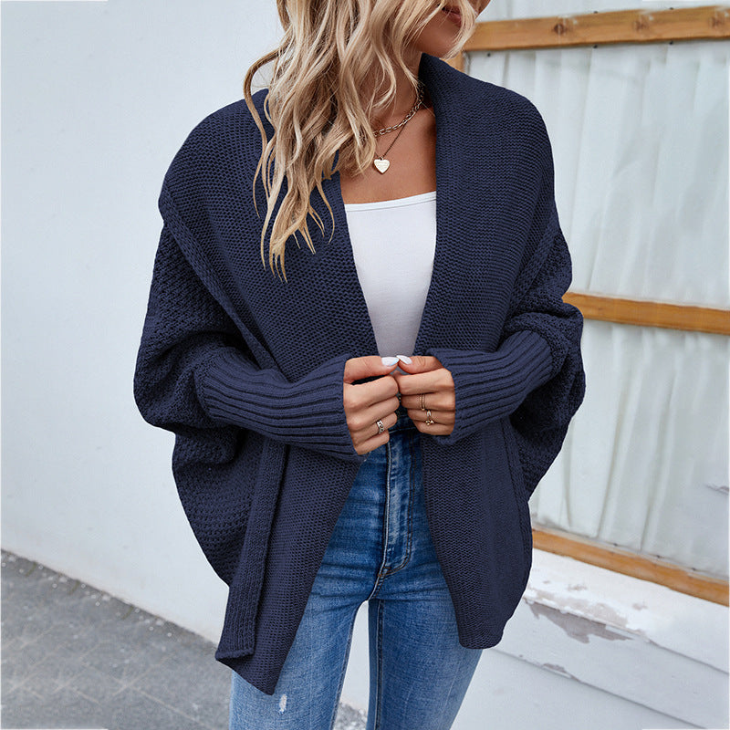 Oversized Knit Cardigan with Wide Lapels and Batwing Sleeves