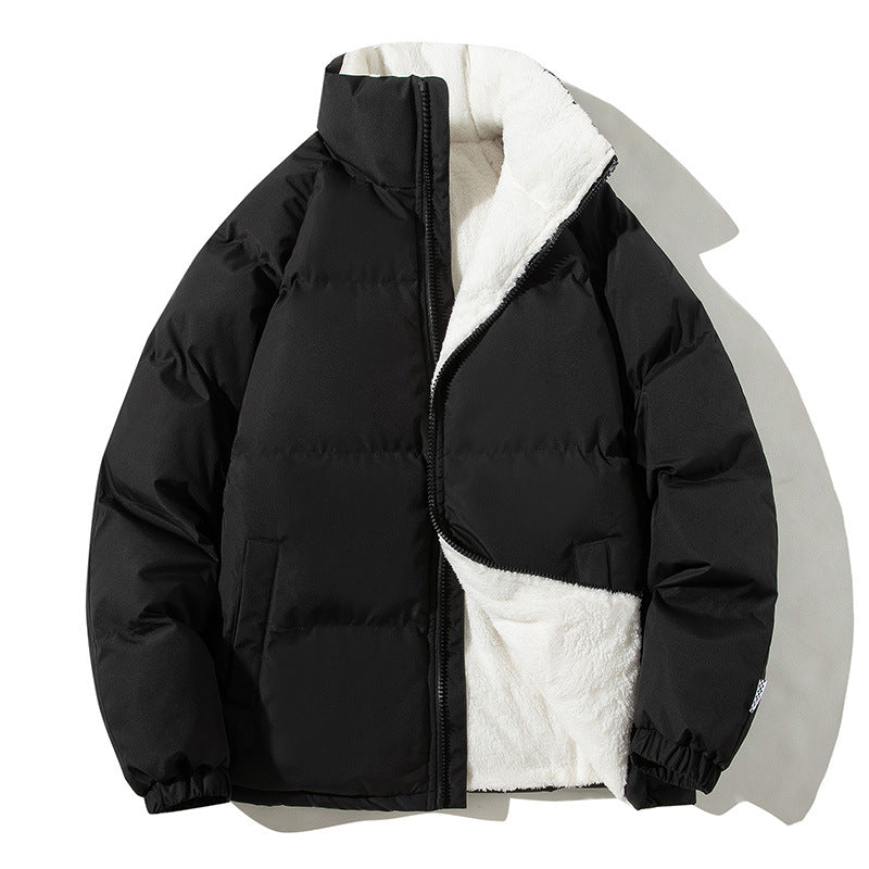 Unisex stand-collar padded jacket with plush lining and pockets
