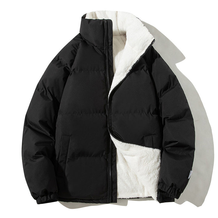 Unisex stand-collar padded jacket with plush lining and pockets