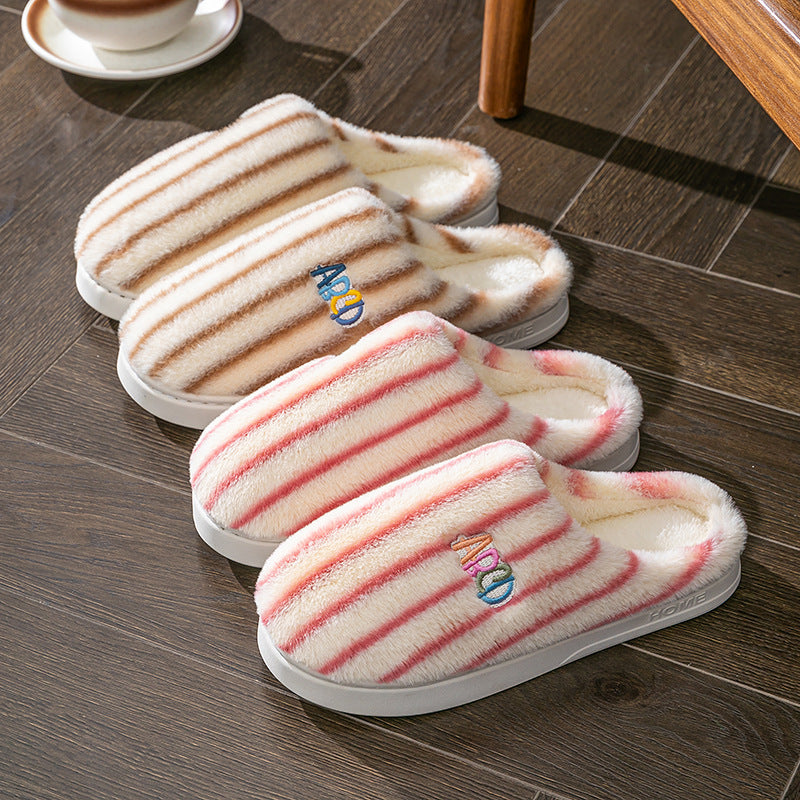 Striped plush slippers with embroidered letters for women and men