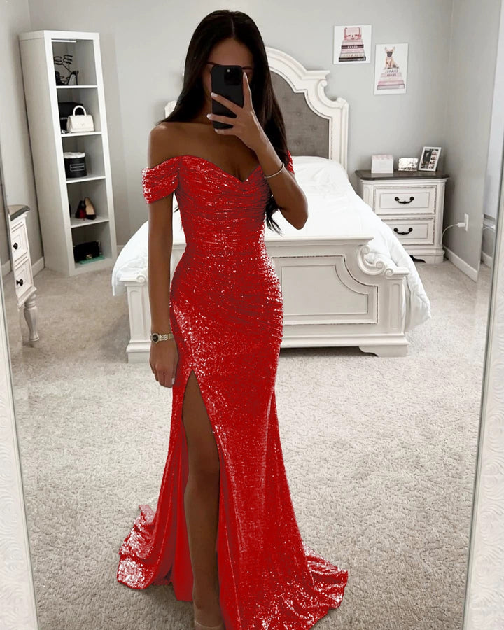 Woman in off-shoulder sequin evening gown