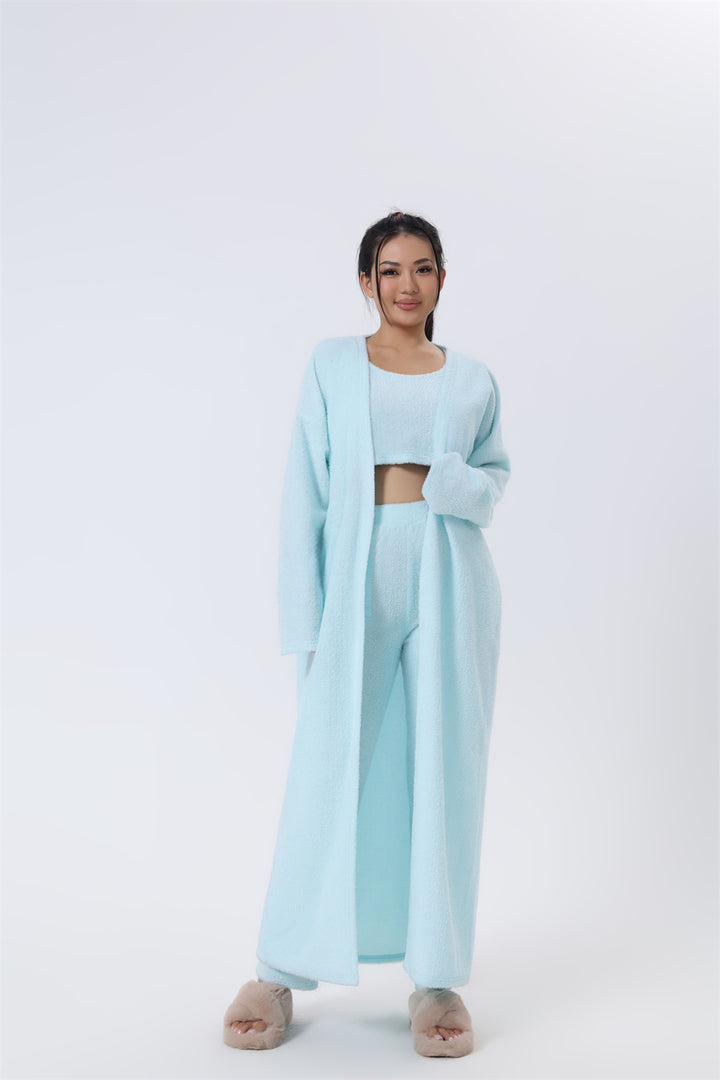Soft knit 3-piece lounge set – crop top, wide-leg trousers, cardigan