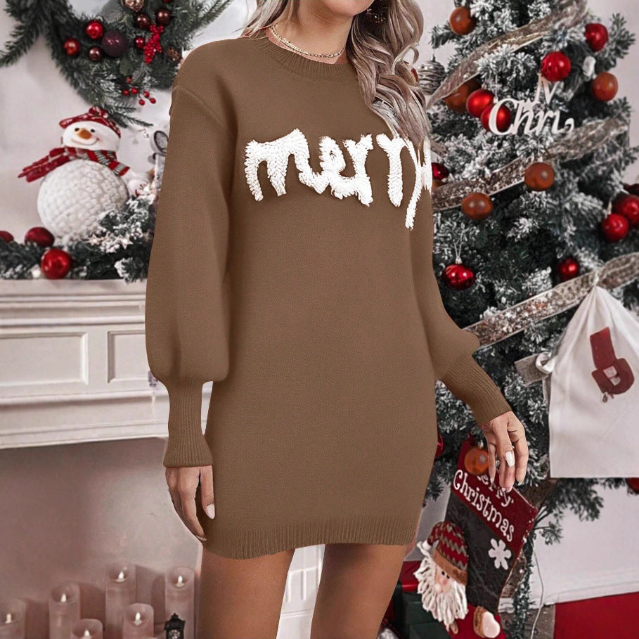 Knitted Christmas jumper dress with lantern sleeves, mini length