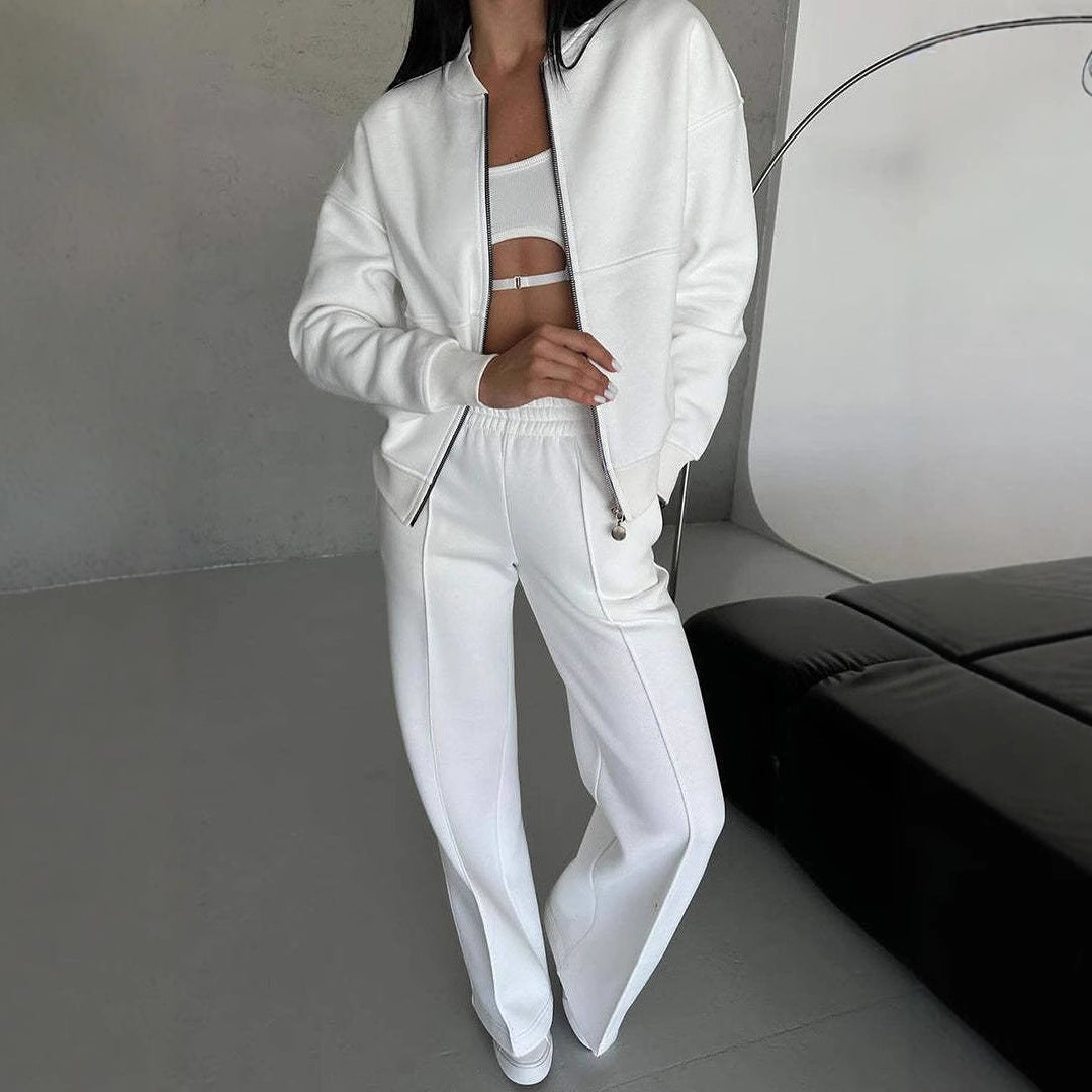 Woman in a zip jacket and wide-leg trousers set