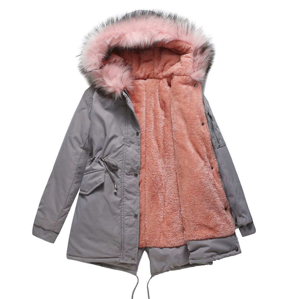 Mid-length padded hooded parka with soft velvet lining