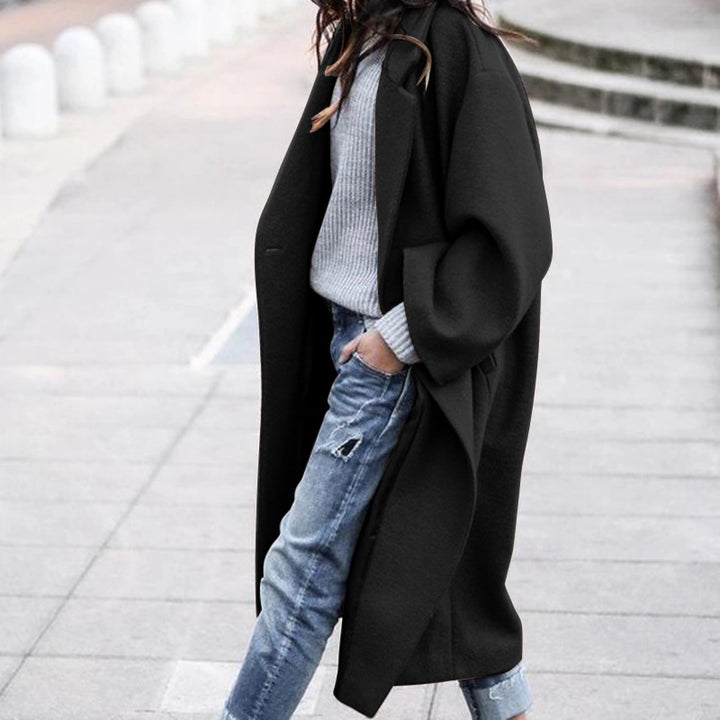 Long single-breasted wool-look coat with lapels and pockets