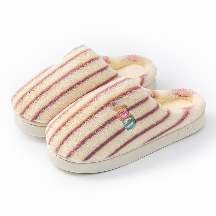 Striped plush slippers with embroidered letters for women and men