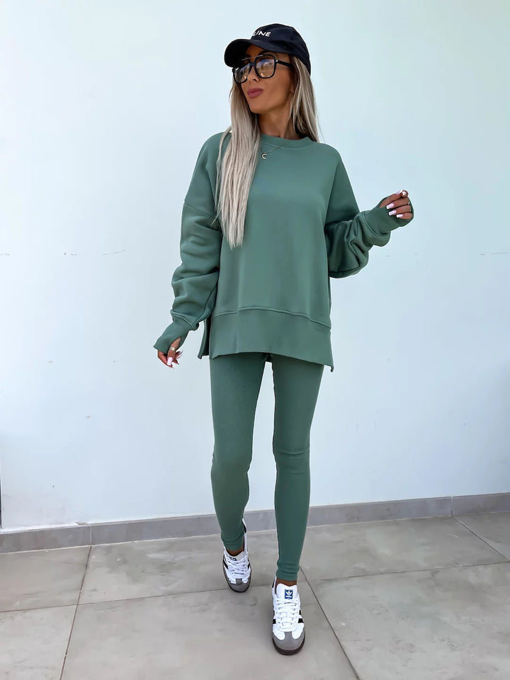 Loose split-hem jumper and fitted trousers knit co-ord