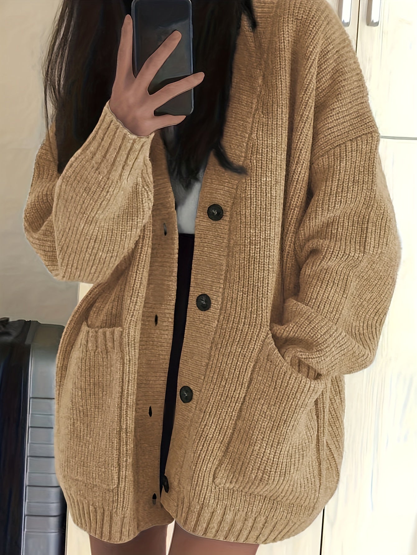 Button 4 Icon Women's Relaxed Button-Front Cardigan Patch Pockets - Chunky Ribbed ...