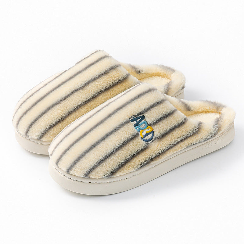 Striped plush slippers with embroidered letters for women and men
