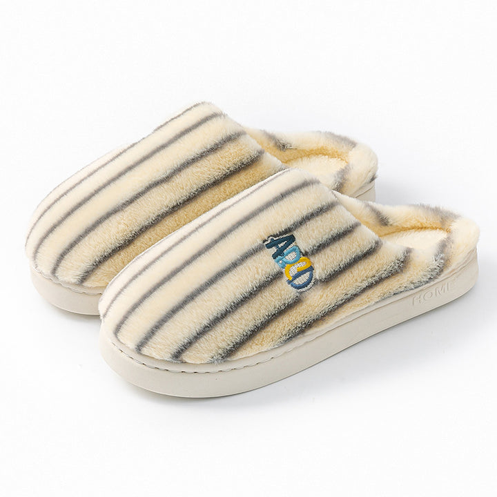 Striped plush slippers with embroidered letters for women and men