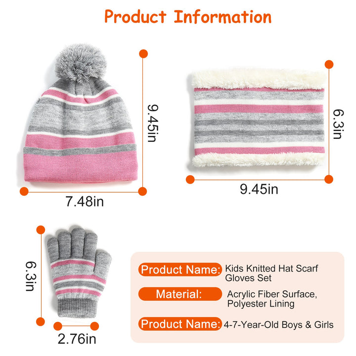 Child wearing striped pompom hat, snood and gloves