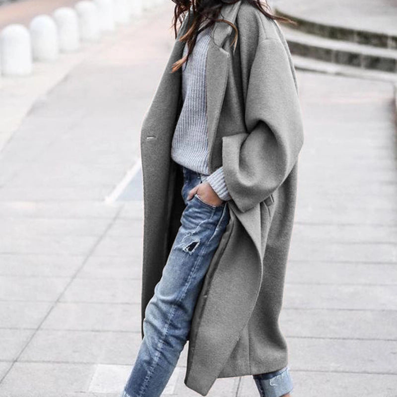 Long single-breasted wool-look coat with lapels and pockets