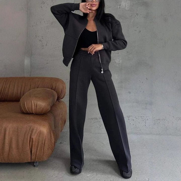 Woman in a zip jacket and wide-leg trousers set
