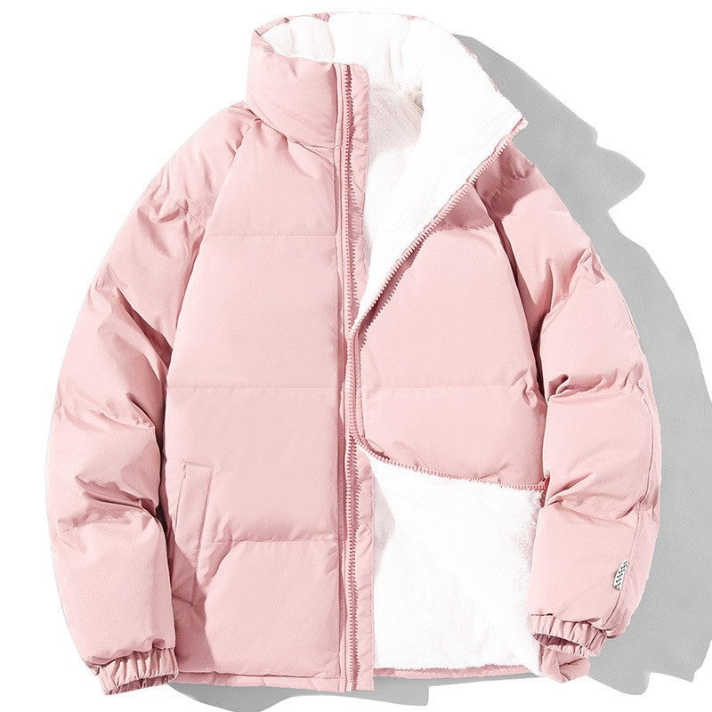 Unisex stand-collar padded jacket with plush lining and pockets
