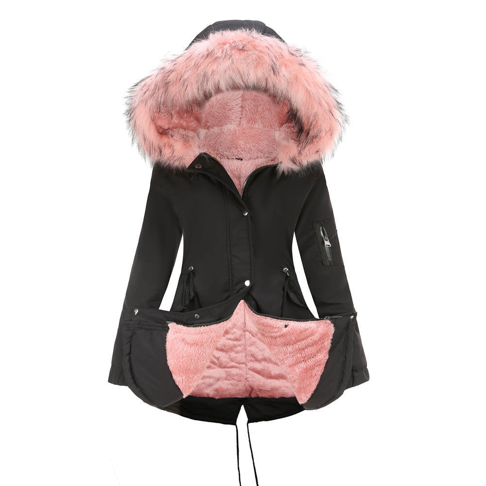 Mid-length padded hooded parka with soft velvet lining