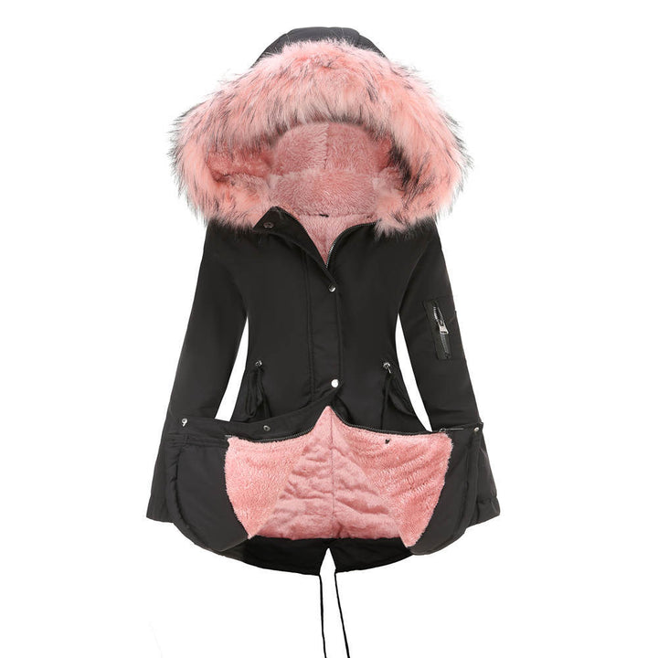 Mid-length padded hooded parka with soft velvet lining