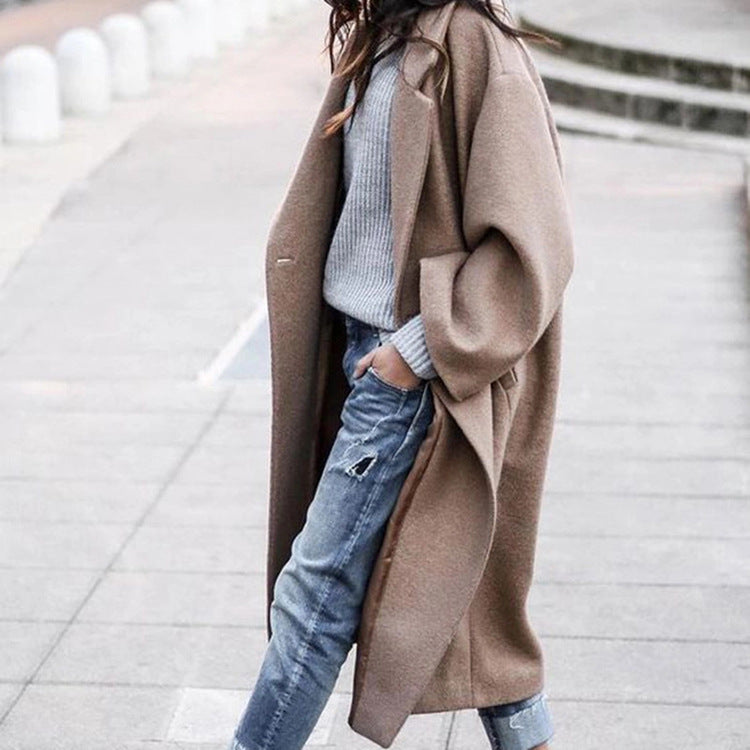 Long single-breasted wool-look coat with lapels and pockets