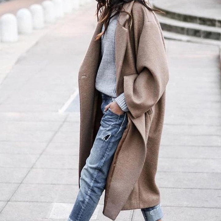 Long single-breasted wool-look coat with lapels and pockets