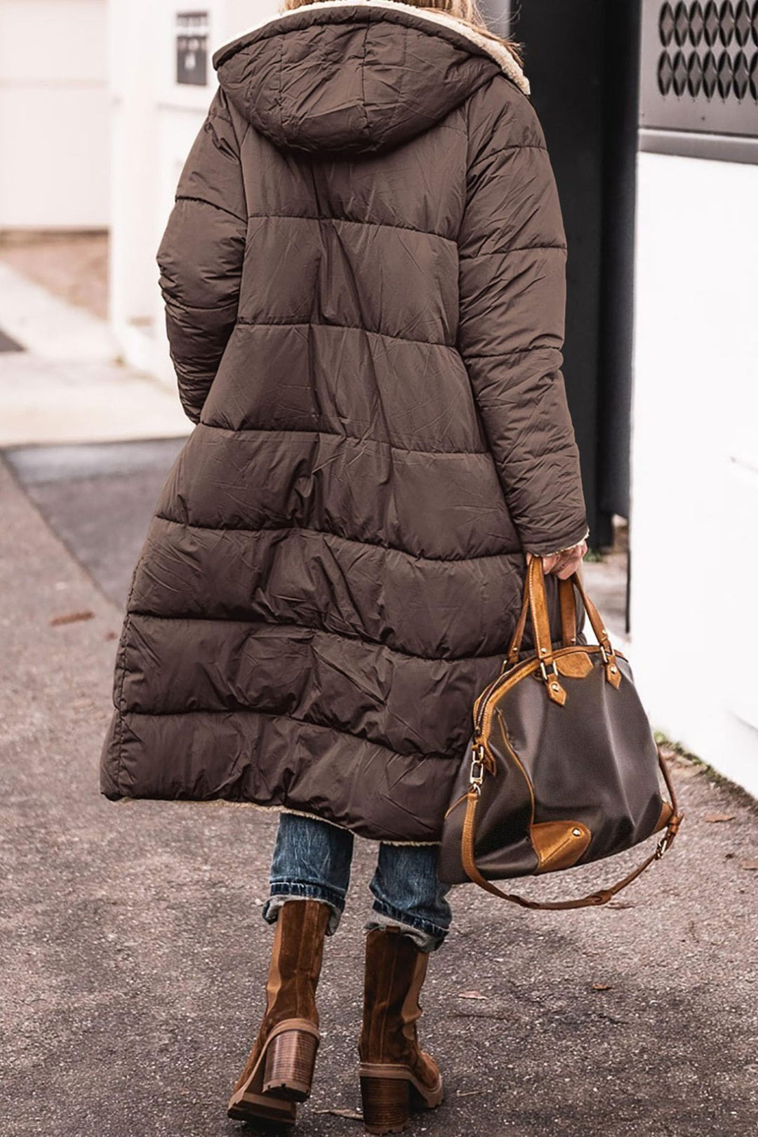 Long hooded coat with raglan sleeves and pockets, reversible