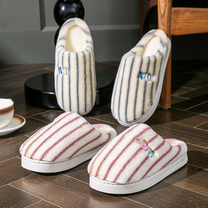 Striped plush slippers with embroidered letters for women and men