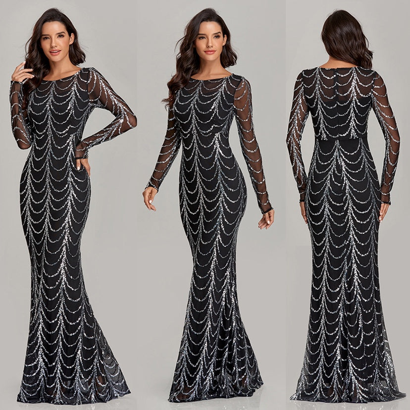 Long Sleeve Sequin Maxi Dress for Parties and Evenings