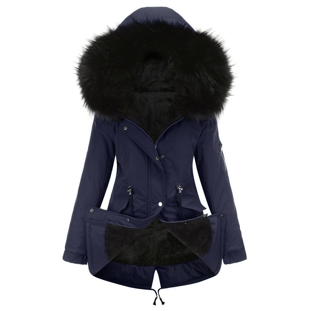 Mid-length padded hooded parka with soft velvet lining
