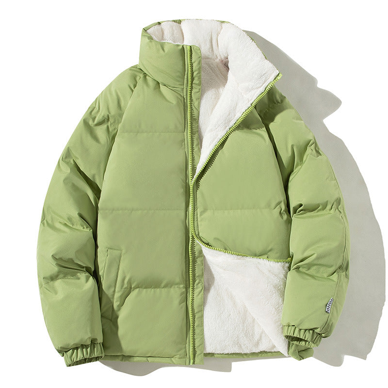 Unisex stand-collar padded jacket with plush lining and pockets