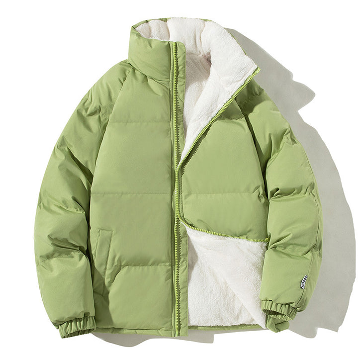 Unisex stand-collar padded jacket with plush lining and pockets