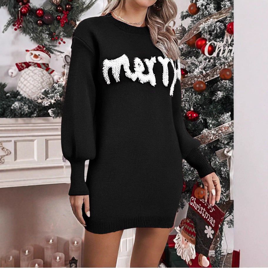 Knitted Christmas jumper dress with lantern sleeves, mini length