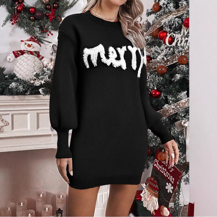 Knitted Christmas jumper dress with lantern sleeves, mini length