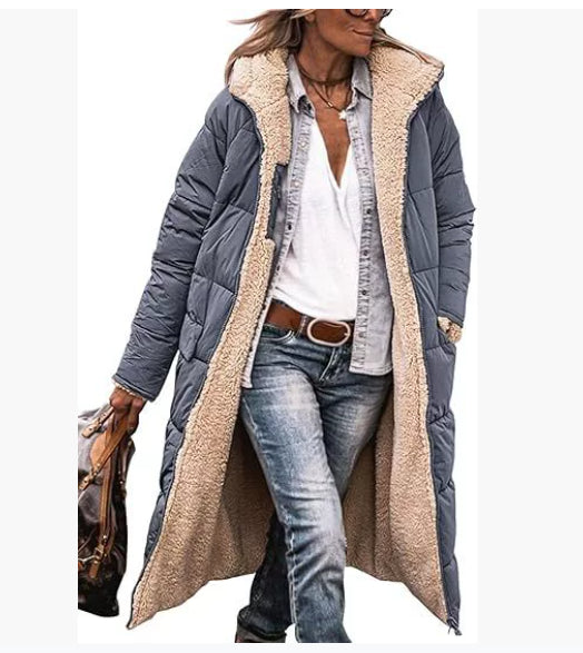 Long hooded coat with raglan sleeves and pockets, reversible