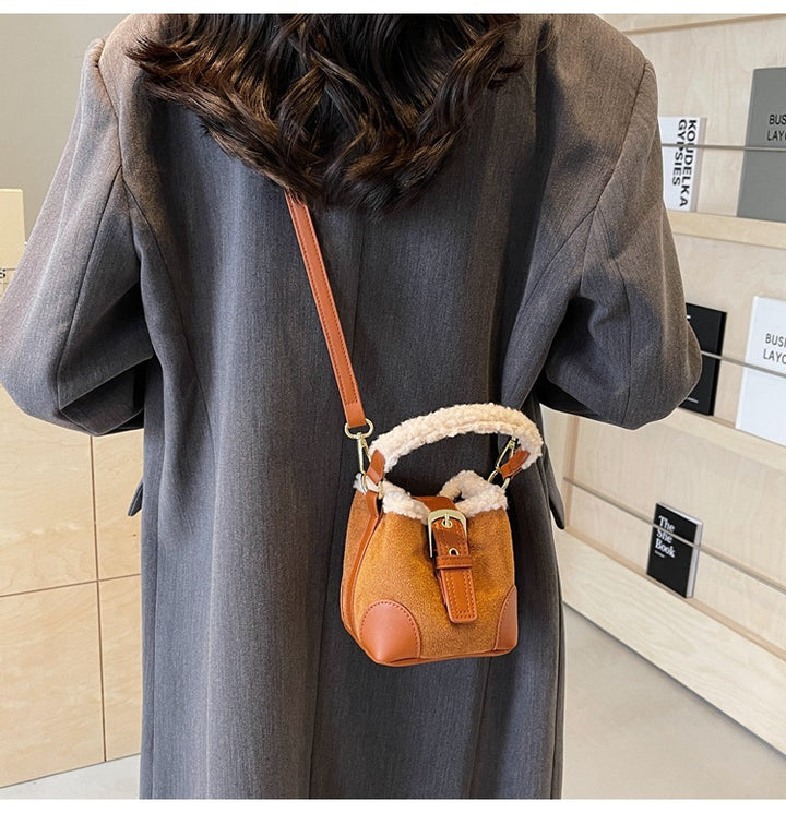 Small plush-trim crossbody bucket bag