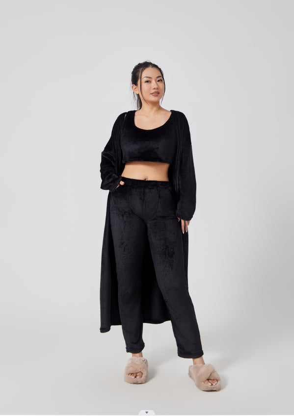Soft knit 3-piece lounge set – crop top, wide-leg trousers, cardigan