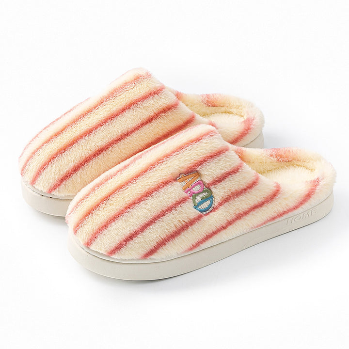 Striped plush slippers with embroidered letters for women and men