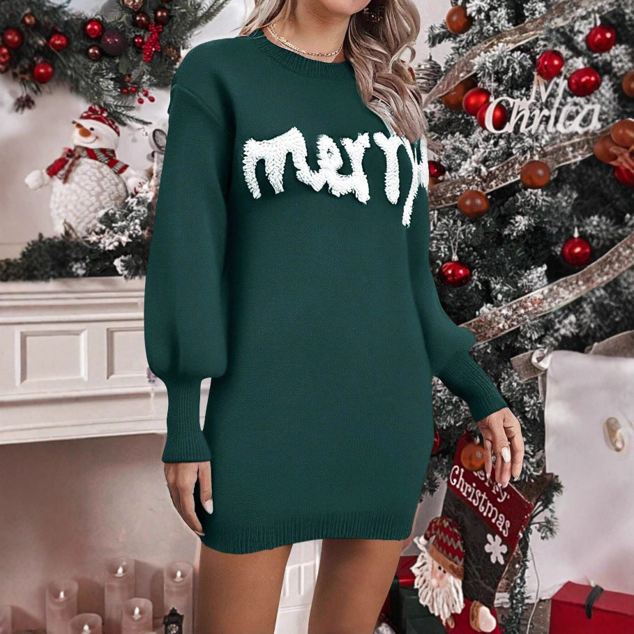 Knitted Christmas jumper dress with lantern sleeves, mini length