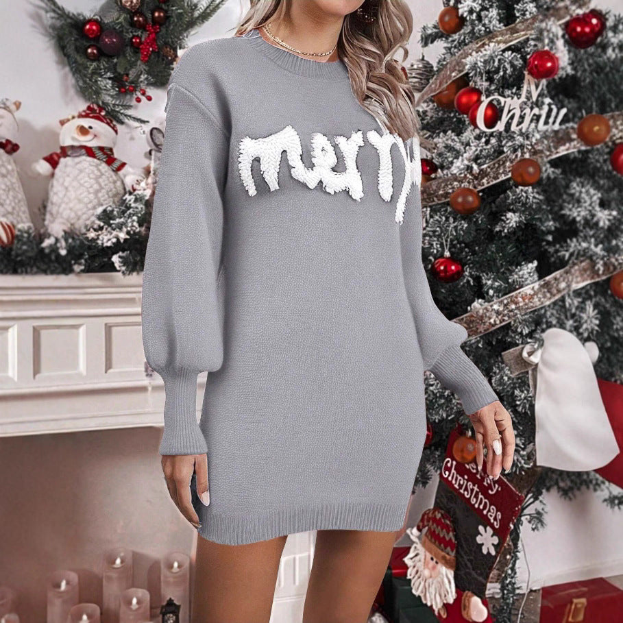 Knitted Christmas jumper dress with lantern sleeves, mini length