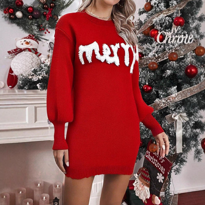 Knitted Christmas jumper dress with lantern sleeves, mini length