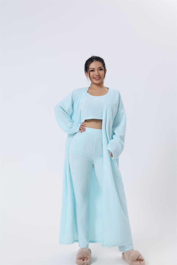 Soft knit 3-piece lounge set – crop top, wide-leg trousers, cardigan