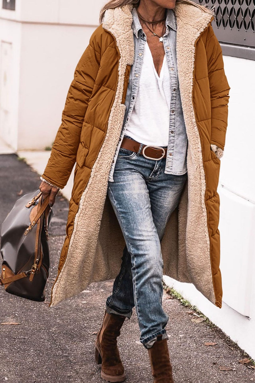 Long hooded coat with raglan sleeves and pockets, reversible
